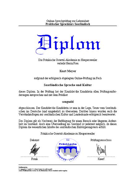 Mustervorlage des Saarländisch-Diploms